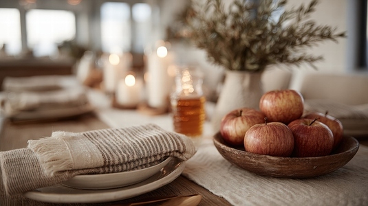 Beautifully arranged table featuring apples  honey  and candles creates warm and inviting atmosphere for festive gathering