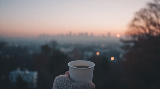 Cozy scene featuring person holding coffee cup while enjoying beautiful city skyline sunrise  warm colors of sky create