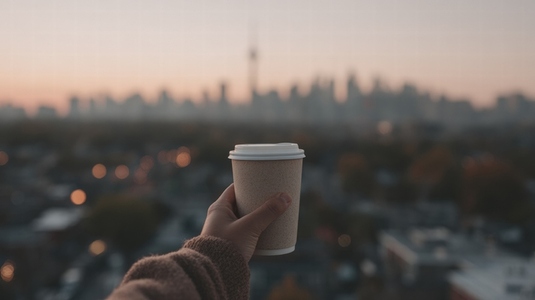 Person holds coffee cup while enjoying beautiful city view at sunset  creating cozy and reflective atmosphere
