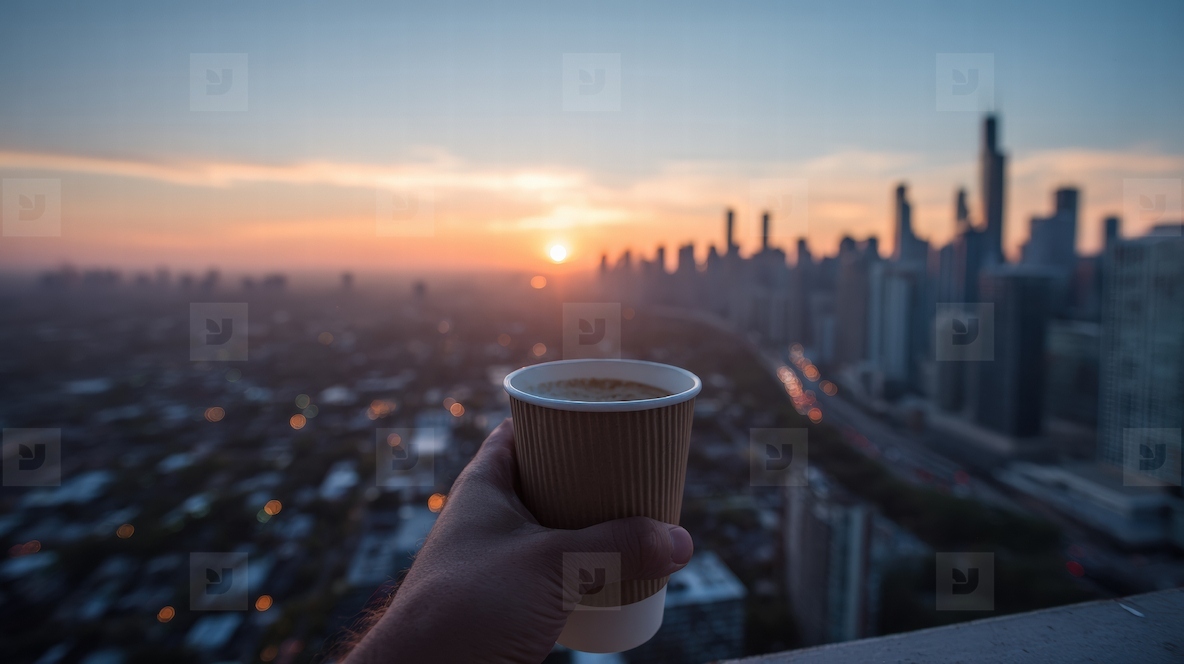 Person holds coffee cup while enjoying stunning sunset view over city skyline creating serene and reflective atmosphere