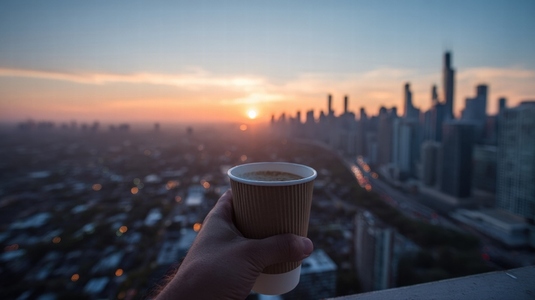 Person holds coffee cup while enjoying stunning sunset view over city skyline  creating serene and reflective atmosphere