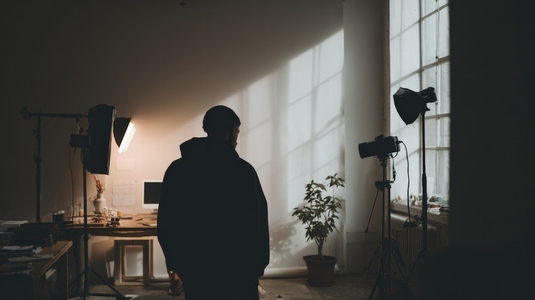 Photographer prepares for creative shoot well lit studio  showcasing blend of natural and artificial light  atmosphere is calm