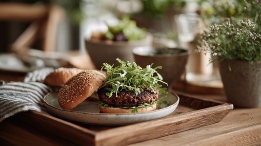 Plant based burger patty with fresh greens wooden plate  surrounded by rustic decor and natural light  evokes cozy atmosphere