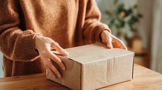 Unboxing product package at home  showcasing excitement and anticipation  warm atmosphere enhances experience