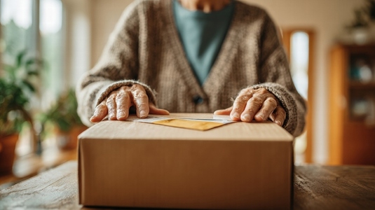 Unboxing product package at home  person with hands resting on cardboard box  showcasing excitement and anticipation