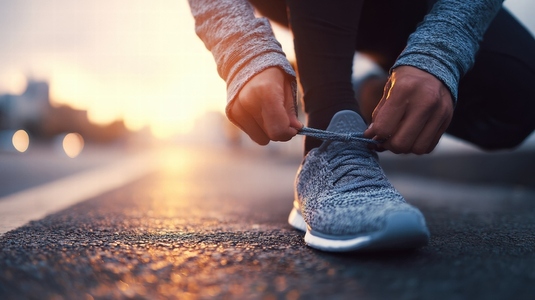 Person tying shoelaces on running shoe during early morning light  preparing for energetic run