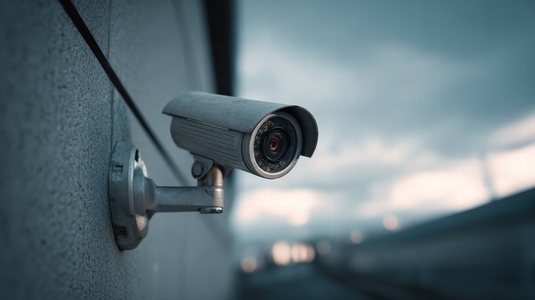 Surveillance camera mounted on building wall capturing surroundings with sleek design and modern technology Surveillance camera mounted on building wall capturing surroundings with sleek design and modern technology