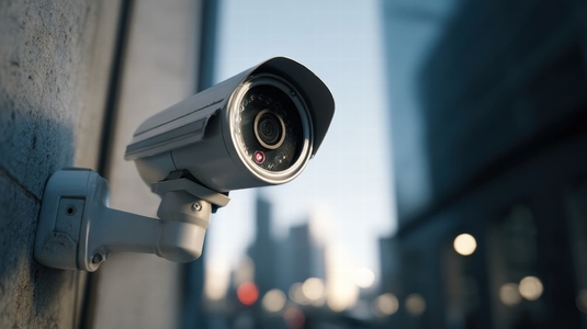 Surveillance camera mounted on building wall capturing urban environment with modern aesthetic Surveillance camera mounted on building wall capturing urban environment with modern aesthetic