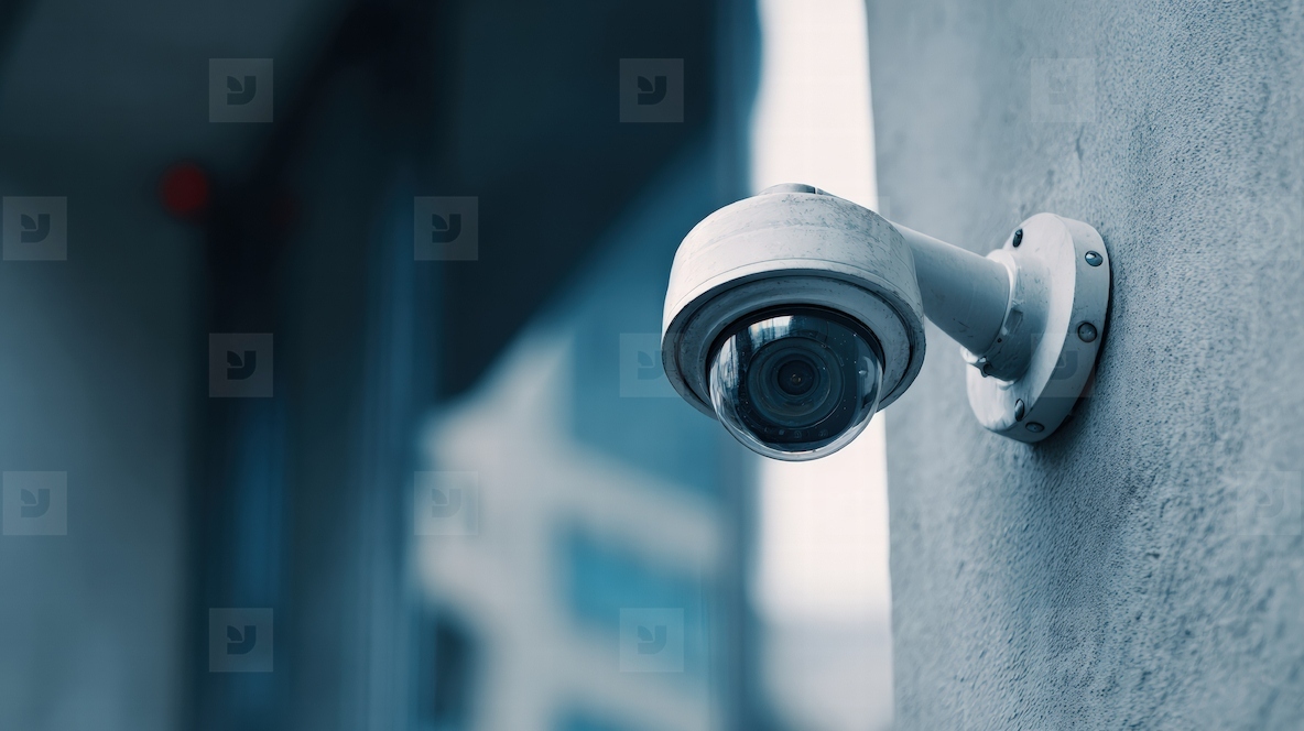 Surveillance camera mounted building wall providing security and monitoring camera captures clear images enhancing safety