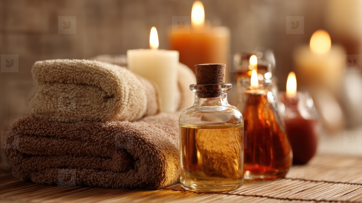 Serene spa scene featuring aromatic candles  essential oils  and soft towels  creating calming atmosphere for relaxation