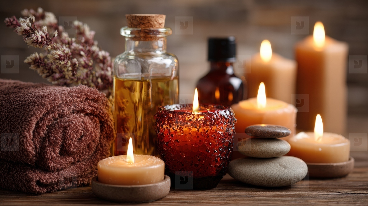 Tranquil spa scene featuring aromatic candles essential oils and smooth stones creating calming atmosphere for relaxation