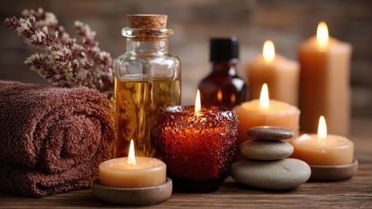 Tranquil spa scene featuring aromatic candles  essential oils  and smooth stones  creating calming atmosphere for relaxation