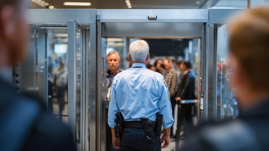 Security checkpoint with metal detector scanning  police officer monitoring crowd  airport environment  safety measures
