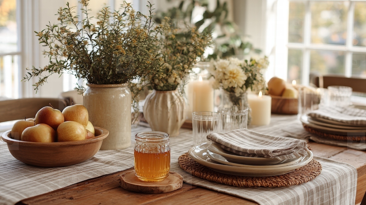Beautifully arranged Rosh Hashanah table features apples honey and elegant floral arrangements creating warm and inviting