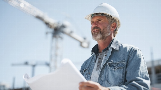 Experienced architect reviewing construction plans at building site showcasing dedication and focus on project details Experienced architect reviewing construction plans at building site showcasing dedication and focus on project details