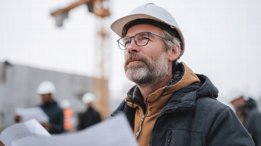 Architect reviewing blueprints at construction site  focused and thoughtful  wearing safety helmet and glasses