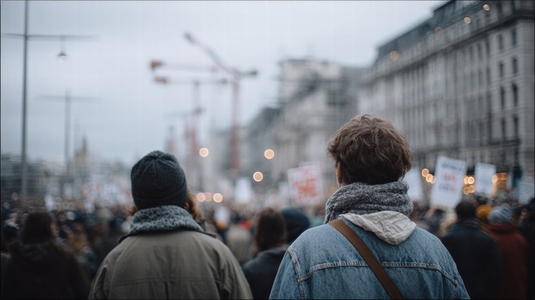 Demonstrators gather in city street holding peace banners during anti war protest showcasing unity and hope Demonstrators gather in city street holding peace banners during anti war protest showcasing unity and hope