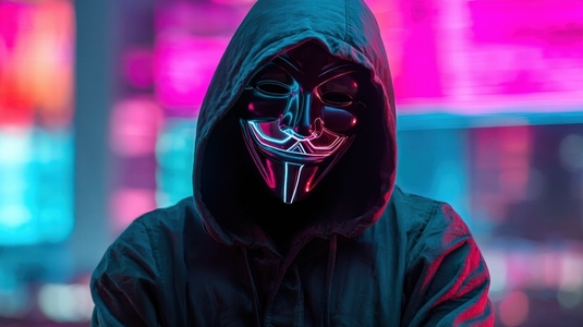Anonymous figure with mask in cyberpunk neon lights  creating mysterious and intriguing atmosphere