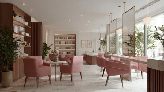 Modern beauty salon interior featuring elegant design  soft pink chairs  and lush greenery  creating serene atmosphere