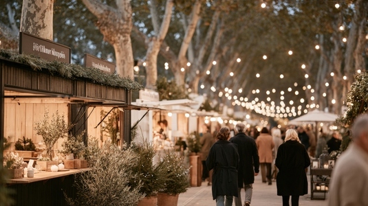 Charming Christmas market filled with warm lights  decorated stalls  and visitors enjoying festive atmosphere