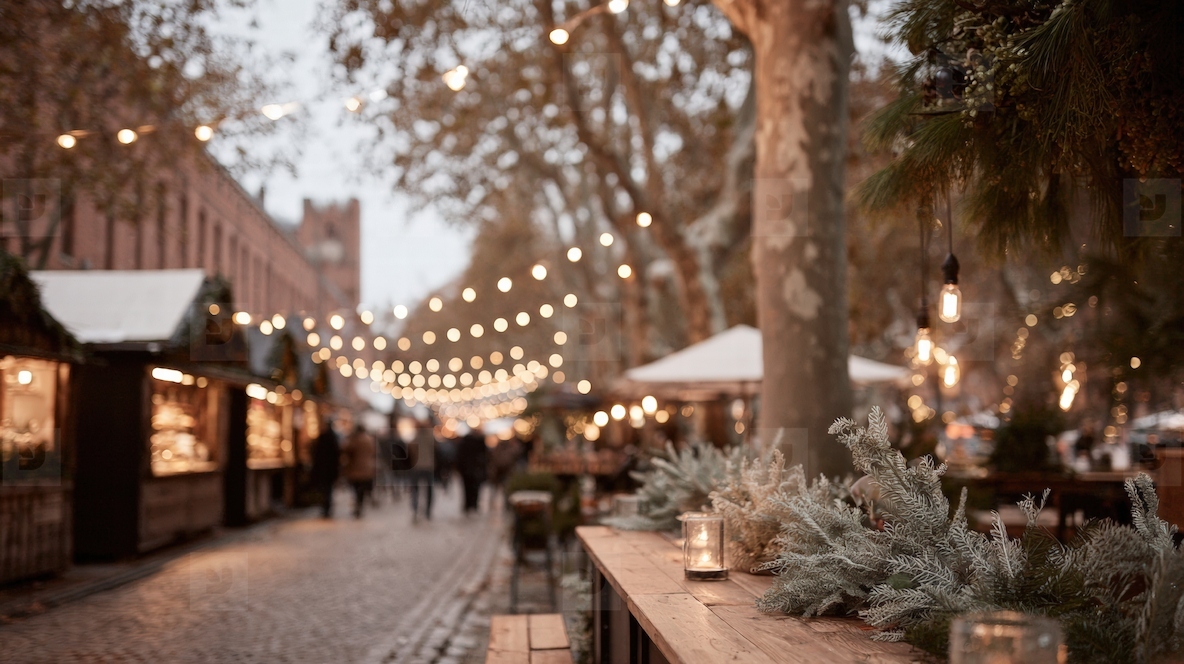 Charming Christmas market scene with warm lights illuminating decorated stalls and tables creating cozy atmosphere
