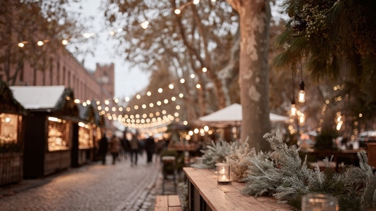 Charming Christmas market scene with warm lights illuminating decorated stalls and tables  creating cozy atmosphere