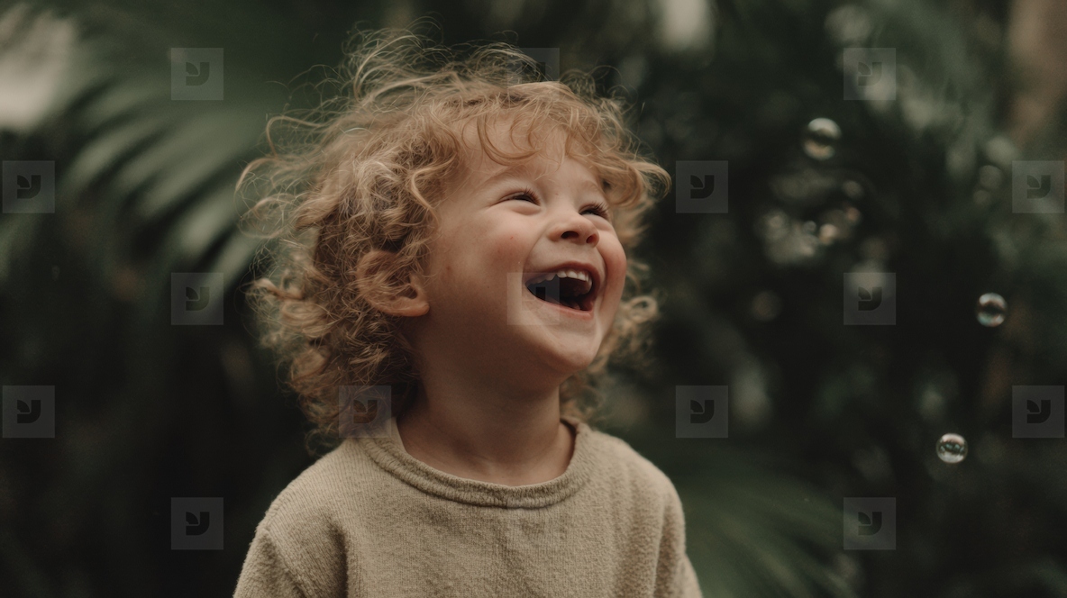 Joyful child laughing while playing with bubbles in lush green environment  capturing pure happiness and innocence
