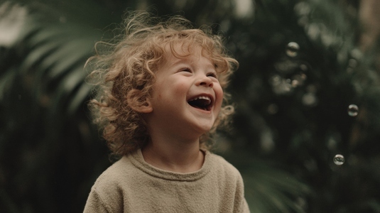 Joyful child laughing while playing with bubbles in lush green environment capturing pure happiness and innocence Joyful child laughing while playing with bubbles in lush green environment capturing pure happiness and innocence