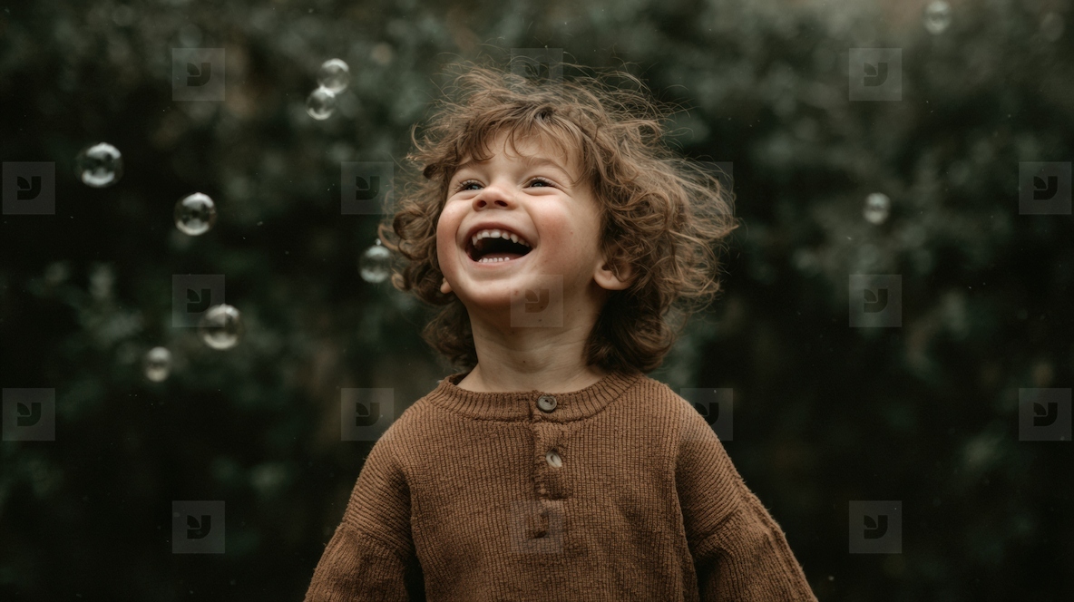 Joyful child laughing while playing with bubbles in natural outdoor setting  capturing essence of childhood happiness