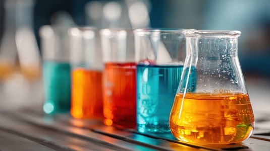 Colorful liquids laboratory beakers create vibrant display of chemistry experiments  bright hues evoke curiosity