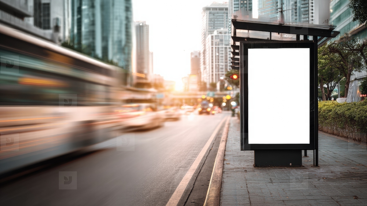Blank billboard on busy city street with blurred traffic and sunset in background creating cinematic atmosphere