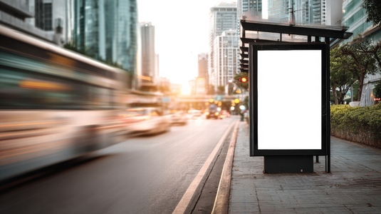Blank billboard on busy city street with blurred traffic and sunset in background  creating cinematic atmosphere
