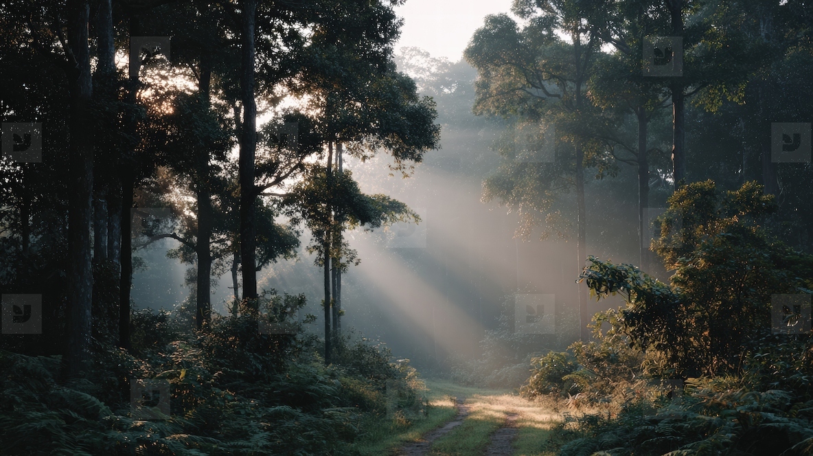 Serene forest path illuminated by soft sunlight filtering through trees creating tranquil atmosphere