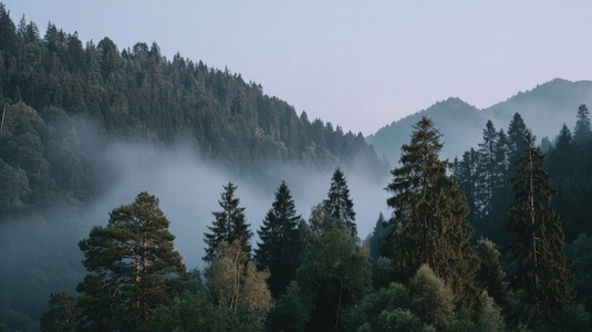 Misty forest landscape with tall trees and mountains in background  creating serene and tranquil atmosphere