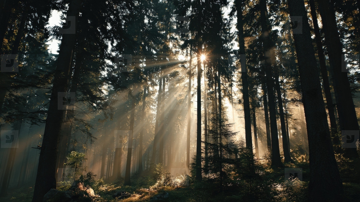 Serene forest scene with tall trees  sunlight streaming through branches  creating magical atmosphere