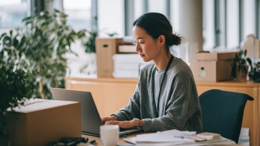 Focused employee working desk  setting up workspace with laptop  papers  and plants around  atmosphere is calm and productive
