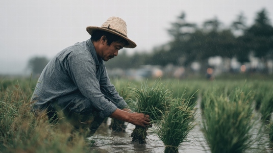 Farmer planting rice seedlings in wet field during rain showcasing dedication and connection to nature Farmer planting rice seedlings in wet field during rain showcasing dedication and connection to nature
