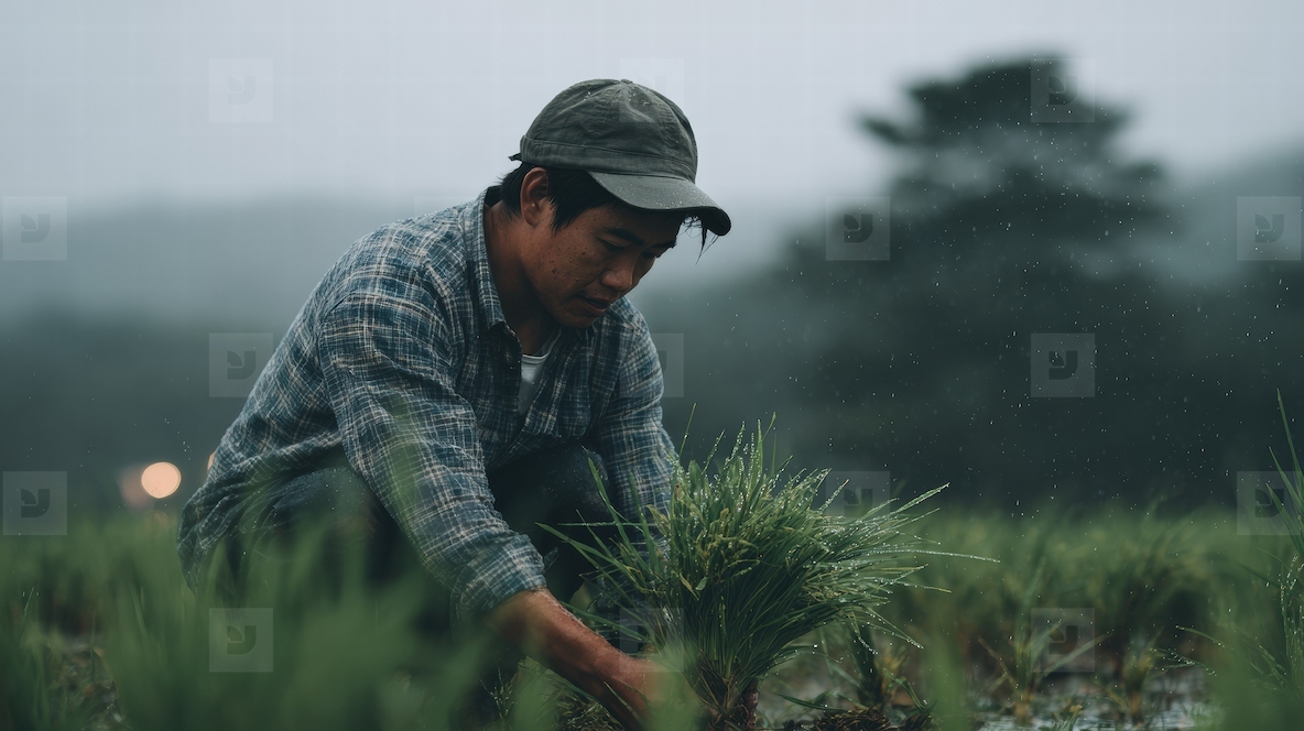 Farmer planting rice seedlings in wet field during rainy day showcasing dedication and hard work