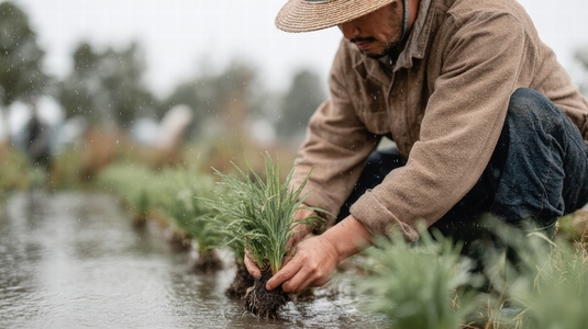 Farmer planting rice seedlings wet field  focused nurturing growth while rain falls gently  showcasing dedication and hard