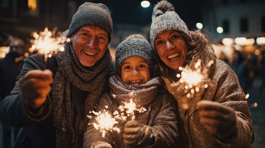 Family celebrating New Year Eve with sparklers  showcasing joy and togetherness in festive atmosphere