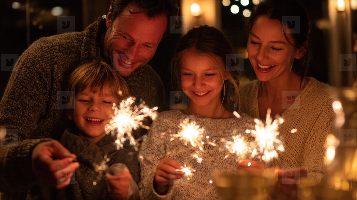 Family celebrating New Year Eve with sparklers  joy and laughter fill air as they create lasting memories together