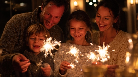 Family celebrating New Year Eve with sparklers  joy and laughter fill air as they create lasting memories together