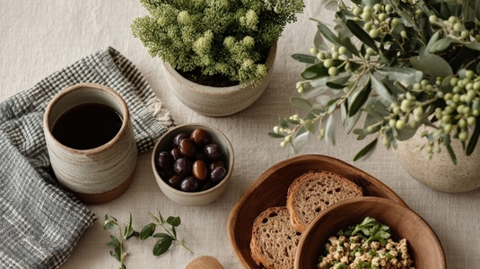 Eco friendly lifestyle flatlay featuring plants  healthy food  and natural materials  creating serene atmosphere