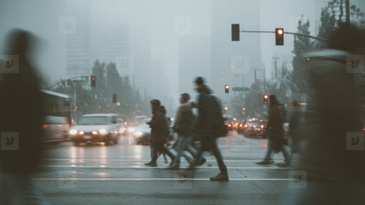 Commuters crossing busy street in downtown  blurred motion creates sense of urgency and movement