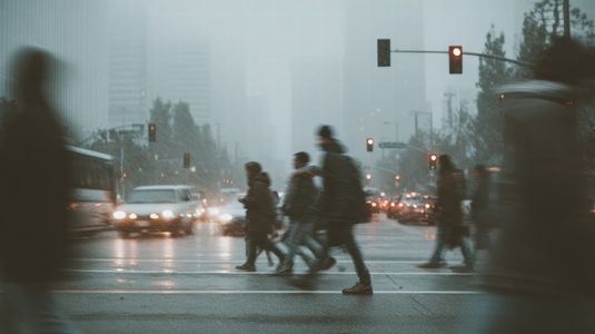 Commuters crossing busy street in downtown blurred motion creates sense of urgency and movement Commuters crossing busy street in downtown blurred motion creates sense of urgency and movement