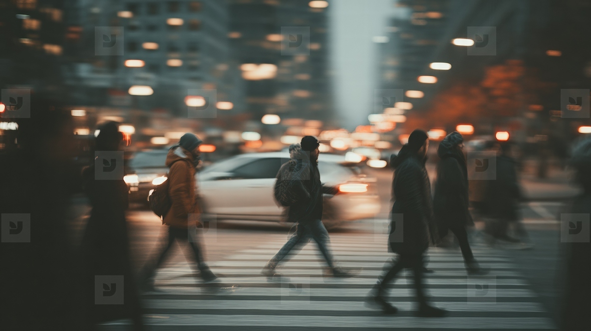 Commuters crossing busy street in downtown  blurred motion creates dynamic urban scene filled with energy and movement