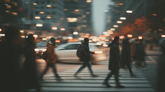 Commuters crossing busy street in downtown  blurred motion creates dynamic urban scene filled with energy and movement