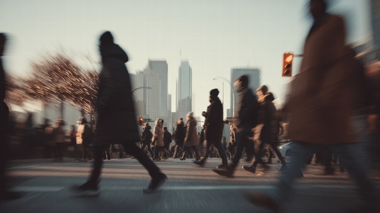 Commuters crossing busy street in downtown blurred motion captures energy of urban life Commuters crossing busy street in downtown blurred motion captures energy of urban life