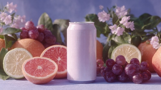 Colorful canned beverage surrounded by fresh fruits like oranges grapefruits limes and grapes creating vibrant Colorful canned beverage surrounded by fresh fruits like oranges grapefruits limes and grapes creating vibrant