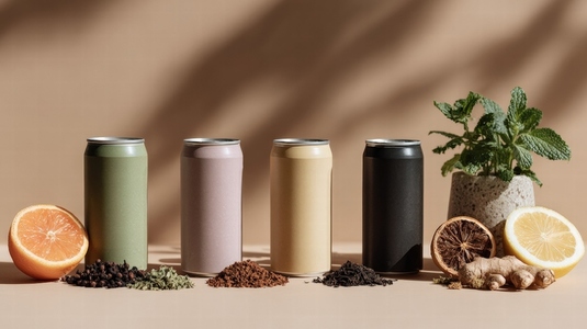 Colorful canned beverages with spices  herbs  and citrus fruits create vibrant display  arrangement evokes freshness